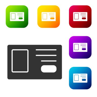 Beyaz arka planda siyah kimlik simgesi izole edildi. Sunum için, şirketin kimliği için, reklam için kullanılabilir. Renkli kare düğmelerle simgeleri ayarla. Vektör.