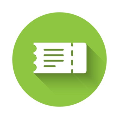 Uzun gölgeli beyaz tren bileti ikonu. Demiryolu ile seyahat et. Yeşil daire düğmesi. Vektör.