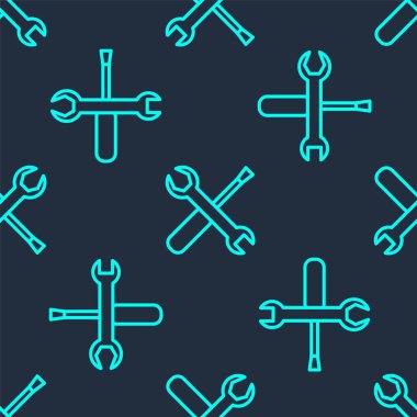 Yeşil çizgi tornavida ve ingiliz anahtarı anahtar araçları simgesi mavi arkaplanda izole edilmiş pürüzsüz desen. Servis aracı sembolü. Vektör İllüstrasyonu.