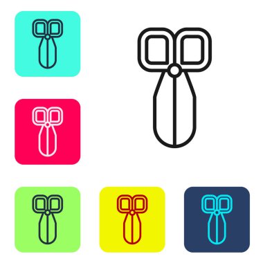 Siyah çizgi makas simgesi beyaz arkaplanda izole edildi. Alet kesme işareti. Renkli kare düğmelerle simgeleri ayarla. Vektör İllüstrasyonu.