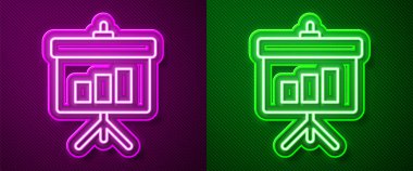 Grafik, çizelge, grafik, diyagram, bilgi grafiği, mor ve yeşil arkaplanda izole edilmiş turta grafik simgesi ile parlayan neon çizgisi sunum tahtası. Vektör İllüstrasyonu.
