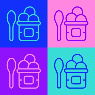 Popüler sanat eseri dondurma kasede ve kaşık ikonu renk arkaplanda izole. Güzel sembol. Vektör.