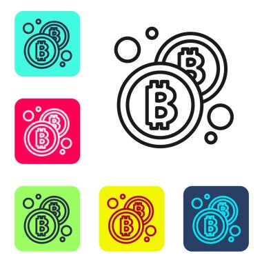 Siyah çizgi kripto para birimi Bitcoin simgesi beyaz arka planda izole edildi. Madeni para. Engelleme zinciri tabanlı şifreli para birimi. Renkli kare düğmelerle simgeleri ayarla. Vektör.