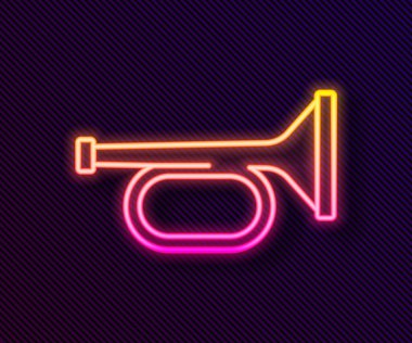 Parlayan neon hattı Trompet simgesi siyah arkaplanda izole edildi. Müzik aleti trompeti. Vektör.