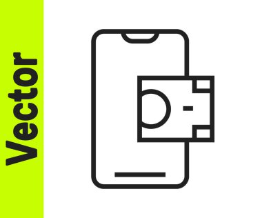 Siyah çizgi mobil bankacılık simgesi beyaz arkaplanda izole edildi. Cep telefonu ekranına cep telefonu bankacılığı yoluyla para aktar. Vektör.