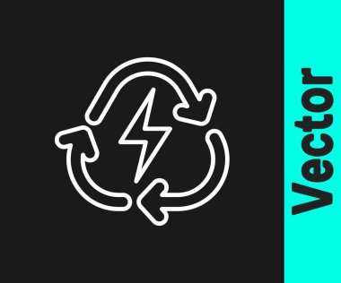 Siyah zemin üzerinde geri dönüşüm sembolü simgesi olan beyaz çizgi pili. Geri dönüşüm sembollü pil - yenilenebilir enerji konsepti. Vektör.