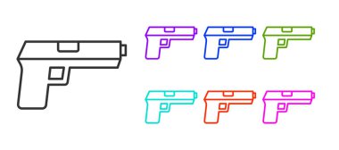 Siyah çizgi tabanca ya da silah ikonu beyaz arkaplanda izole edilmiş. Polis ya da askeri silah. Küçük ateşli silah. Simgeleri renklendirin. Vektör.