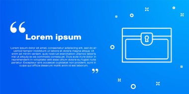 Mavi arka planda beyaz çizgi antika hazine sandığı ikonu var. Altın sikkeli klasik tahta sandık. Vektör.