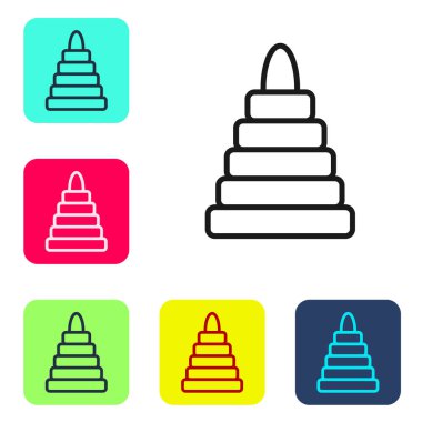 Siyah çizgi piramit oyuncak ikonu beyaz arkaplanda izole edildi. Renkli kare düğmelerle simgeleri ayarla. Vektör.