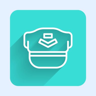 Beyaz çizgi Pilot şapka simgesi uzun gölgeli izole edildi. Yeşil kare düğmesi. Vektör.