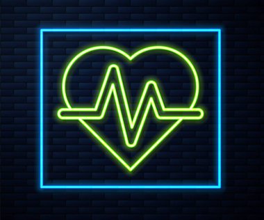 Parlayan neon hattı kalp atış hızı simgesi tuğla duvar arkasında izole edildi. Kalp atışı işareti. Kalp atışı ikonu. Kardiyogram simgesi. Vektör.