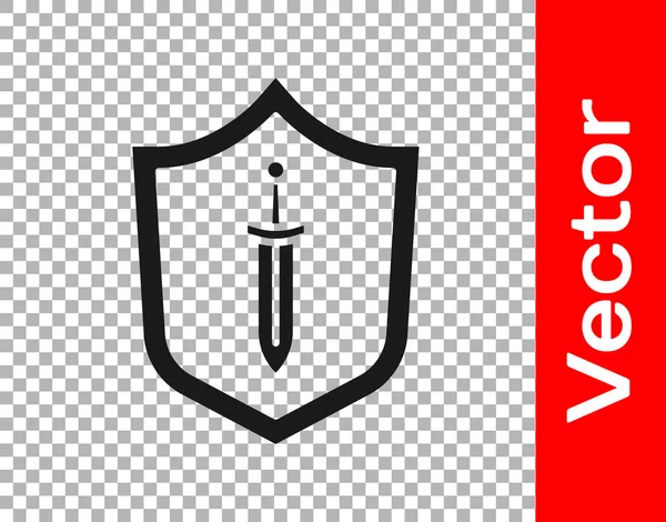 Escudo Medieval Negro Con Icono Espada Aislado Sobre Fondo Transparente — Vector de stock