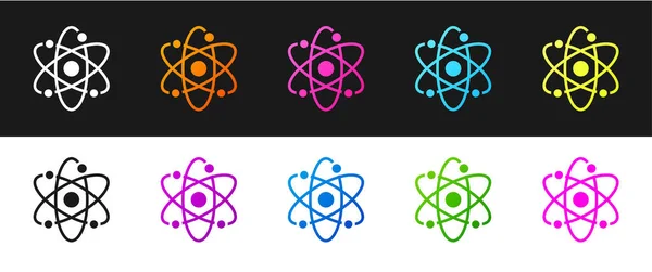 Définir Icône Atome Isolée Sur Fond Noir Blanc Symbole Science — Image vectorielle