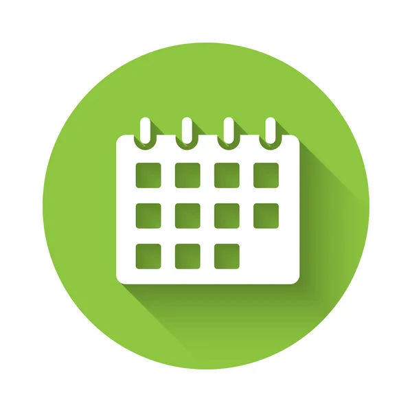 長い影で隔離されたホワイトカレンダーアイコン イベントリマインダーシンボル 緑色の丸ボタン ベクトル — ストックベクタ