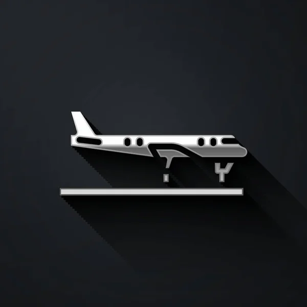 Silbernes Flugzeug Symbol Isoliert Auf Schwarzem Hintergrund Fliegende Flugzeug Ikone — Stockvektor