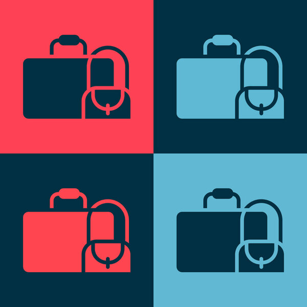 Pop art Suitcase for travel icon isolated on color background. Traveling baggage sign. Travel luggage icon.  Vector.