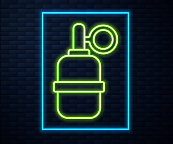 Glowing Neon Line Hand Grenade Icon Isolated Brick Wall Background — Stock Vector