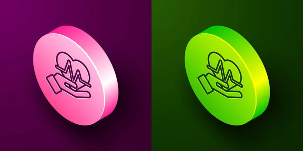 Isometric Line Heart Rate Icon Isolated Purple Green Background Heartbeat — Stock Vector