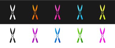 Siyah ve beyaz arkaplanda izole edilmiş simgeyi budamak için el yapımı makas ayarlayın. Ahşap saplı budama makası. Vektör İllüstrasyonu.