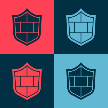 Siber güvenlik duvarı simgesine sahip Pop Art Shield renkli arka planda izole edilmiş. Veri koruma sembolü. Güvenlik duvarı. Ağ koruması. Vektör.