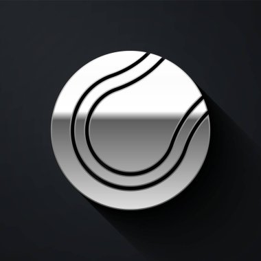 Gümüş Tenis topu simgesi siyah arkaplanda izole edildi. Spor malzemeleri. Uzun gölge tarzı. Vektör.