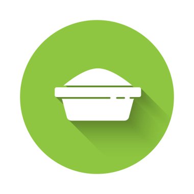 Kedi ya da köpek ikonu için uzun gölgeli beyaz evcil hayvan kasesi. Köpek ya da kedi pençesi izi. Yeşil daire düğmesi. Vektör.