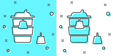 Siyah çizgi kahve fincanı yeşil ve beyaz arka planda izole edilmiş bir ikon haline gelecek. Rastgele dinamik şekiller. Vektör.