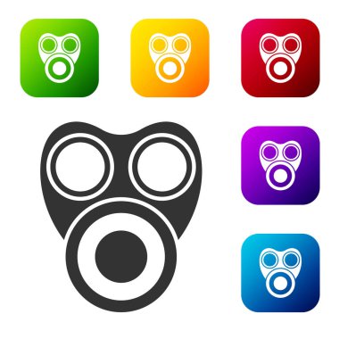 Beyaz arkaplanda siyah gaz maskesi simgesi izole edildi. Solunum cihazı işareti. Renkli kare düğmelerle simgeleri ayarla. Vektör.