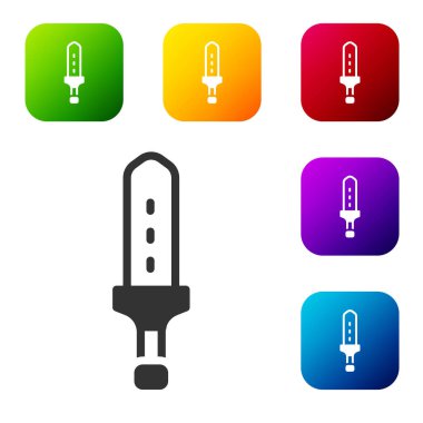 Siyah Ortaçağ kılıç simgesi beyaz arka planda izole edilmiş. Ortaçağ silahı. Renkli kare düğmelerle simgeleri ayarla. Vektör.