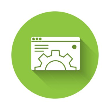 Beyaz Tarayıcı ayarı simgesi uzun gölgeyle izole edildi. Ayarlama, servis, bakım, onarım, onarım. Yeşil daire düğmesi. Vektör.