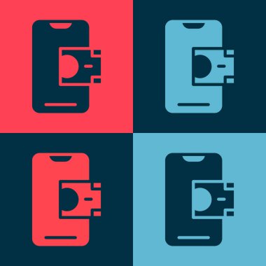 Pop Art Mobil Bankacılık simgesi renk arkaplanında izole edildi. Cep telefonu ekranına cep telefonu bankacılığı yoluyla para aktar. Vektör.