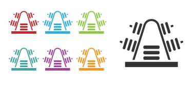 Beyaz arka planda izole edilmiş halter simgesi için ilave ağırlıkları olan siyah metal askı. Vücut geliştirme, fitness, spor, sağlıklı yaşam tarzı konsepti. Simgeleri renklendirin. Vektör.