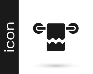 Beyaz arka planda izole edilmiş bir askı simgesinde Siyah Havlu. Banyo havlusu ikonu. Vektör.