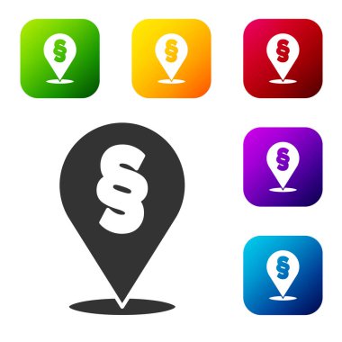 Siyah Konum yasası simgesi beyaz arkaplanda izole edildi. Renkli kare düğmelerle simgeleri ayarla. Vektör.