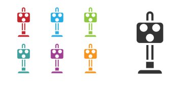 Siyah Tren trafik lambası simgesi beyaz arkaplanda izole edildi. Trenlerin hareketlerini düzenlemek için demiryolu için trafik ışıkları. Simgeleri renklendirin. Vektör.