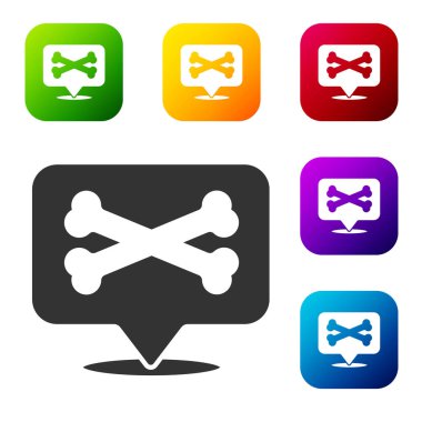 Siyah Konum korsan simgesi beyaz arka planda izole edildi. Renkli kare düğmelerle simgeleri ayarla. Vektör.