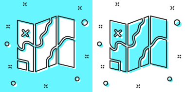 Siyah çizgi katlanmış harita simgesi yeşil ve beyaz arkaplanda izole edildi. Rastgele dinamik şekiller. Vektör.