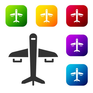 Siyah düzlem simgesi beyaz arkaplanda izole edildi. Uçan uçak ikonu. Uçak tabelası. Renkli kare düğmelerle simgeleri ayarla. Vektör.