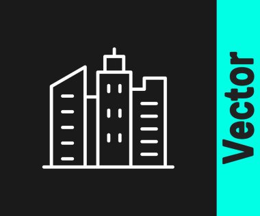 Beyaz çizgi City manzara simgesi siyah arkaplanda izole edildi. Metropolis mimarisi panoramik manzara. Vektör İllüstrasyonu.