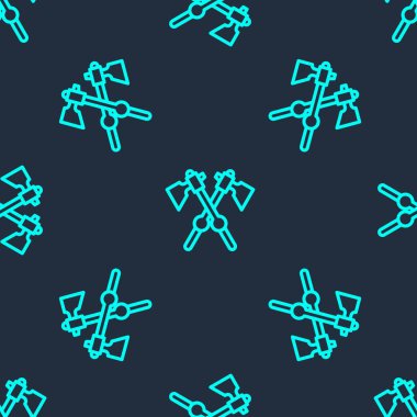 Yeşil çizgi ortaçağ balta simgesini geçti mavi arkaplanda izole edilmiş pürüzsüz desen. Savaş baltası, cellat baltası. Ortaçağ silahı. Vektör.