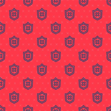 Çapraz iz simgesine sahip mavi çizgi kalkanı kırmızı arka planda izole edilmiş. Kalkan ve reddedildi. Reddetme bildirimi. Vektör.