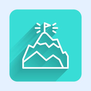 Üzerinde bayrak olan beyaz çizgi dağları uzun gölgeli izole edilmiş bir ikon. Zaferin ya da başarının sembolü. Gol başarısı. Yeşil kare düğmesi. Vektör.