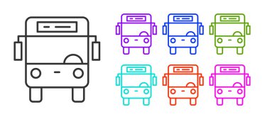 Beyaz arkaplanda siyah çizgi otobüs simgesi izole edildi. Ulaşım konsepti. Otobüs turu tabelası. Turizm ya da kamu aracı sembolü. Simgeleri renklendirin. Vektör.