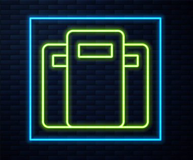 Parlayan neon hattı Polis saldırı kalkanı ikonu tuğla duvar arkasında izole edildi. Vektör.