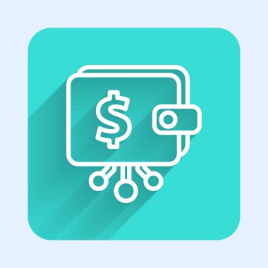 Uzun gölgeli beyaz çizgi kripto para cüzdanı simgesi. Cüzdan ve bitcoin işareti. Maden konsepti. Para, ödeme, nakit, ödeme ikonu. Yeşil kare düğmesi. Vektör.