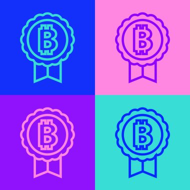 Pop sanat çizgisi Kripto para birimi simgesi Bitcoin renk arkaplanında izole edildi. Madeni para. Engelleme zinciri tabanlı şifreli para birimi. Vektör.