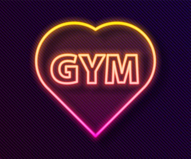 Parlayan neon hattı spor salonu kalp ikonu siyah arka planda izole edildi. Fitness 'i seviyorum. Vektör.