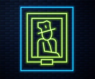 Müze simgesinde parlayan neon çizgili portre resmi tuğla duvar arkasında izole edilmiş. Vektör.