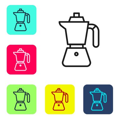 Siyah çizgi kahve makinesi moca pot ikonu beyaz arkaplanda izole edilmiş. Renkli kare düğmelerle simgeleri ayarla. Vektör.