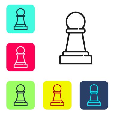 Siyah çizgi satranç simgesi beyaz arkaplanda izole edildi. İş stratejisi. Oyun, yönetim, finans. Renkli kare düğmelerle simgeleri ayarla. Vektör.